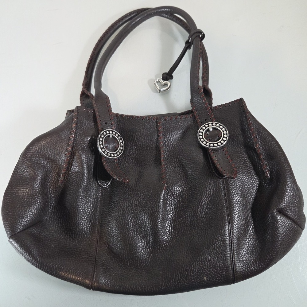 Brighton Brown Pebbled Leather Silver Hardware Whipstitch Hobo Handbag - ISSUES